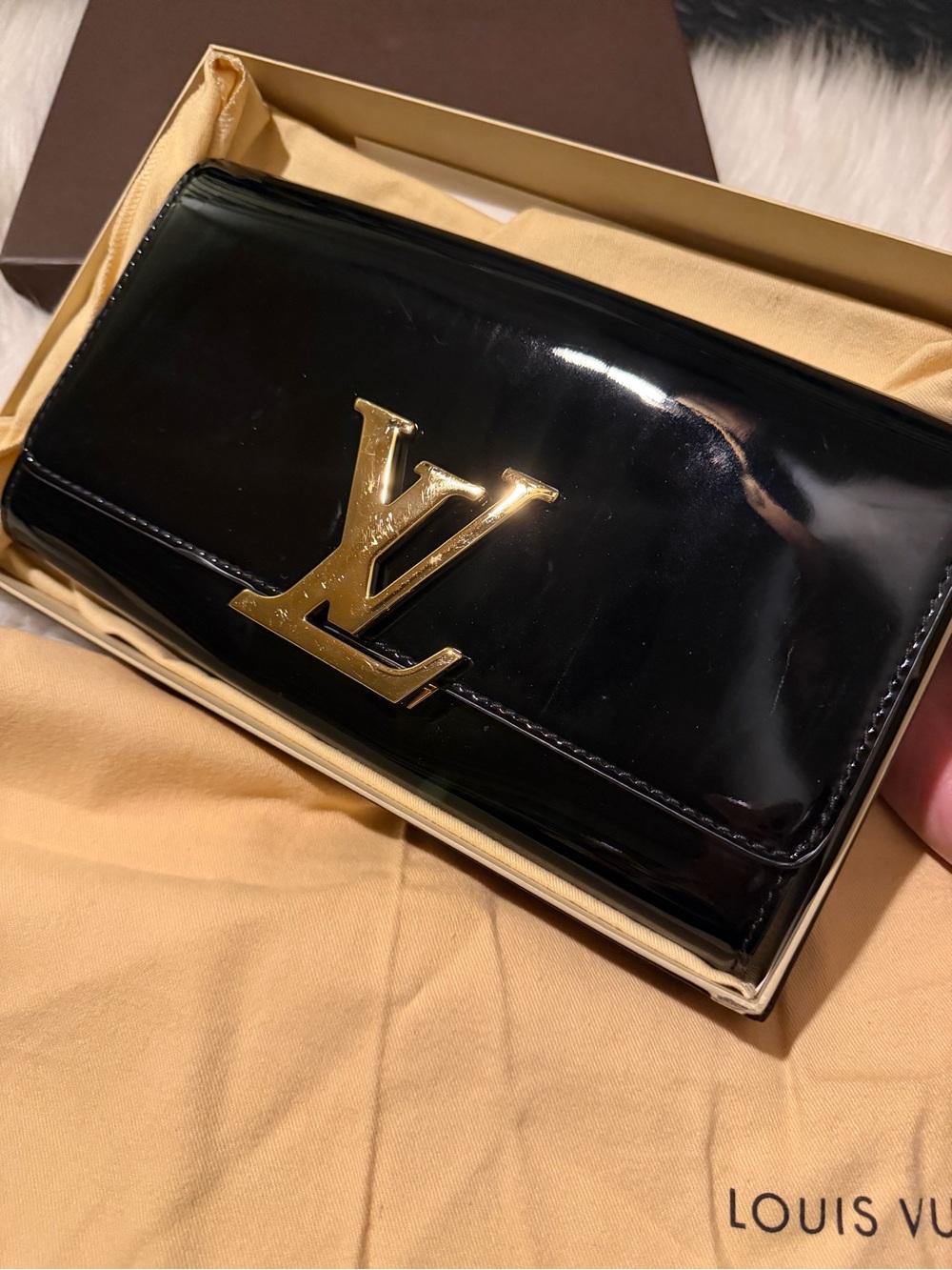 Louis Vuitton Black Patent Satchel with Gold LV Emblem